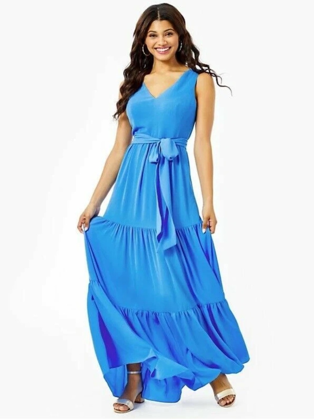 Lilly Pulitzer Bright Blue V-Neck Tiered Maxi Dress with Waist Tie